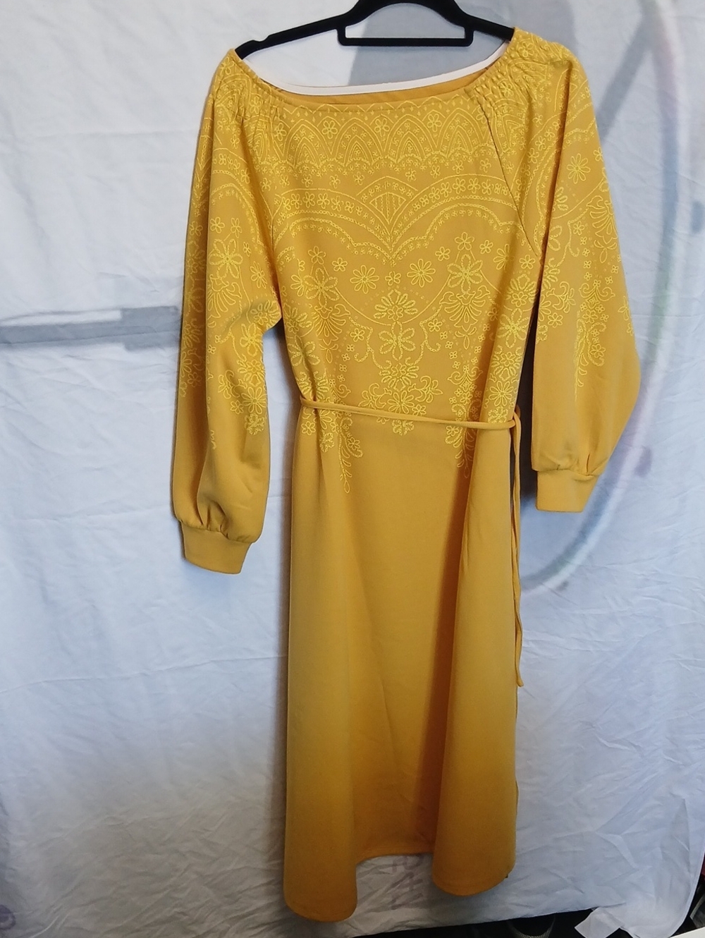 S-Deer Mustard Embroidered Boat-Neck Midi Dress